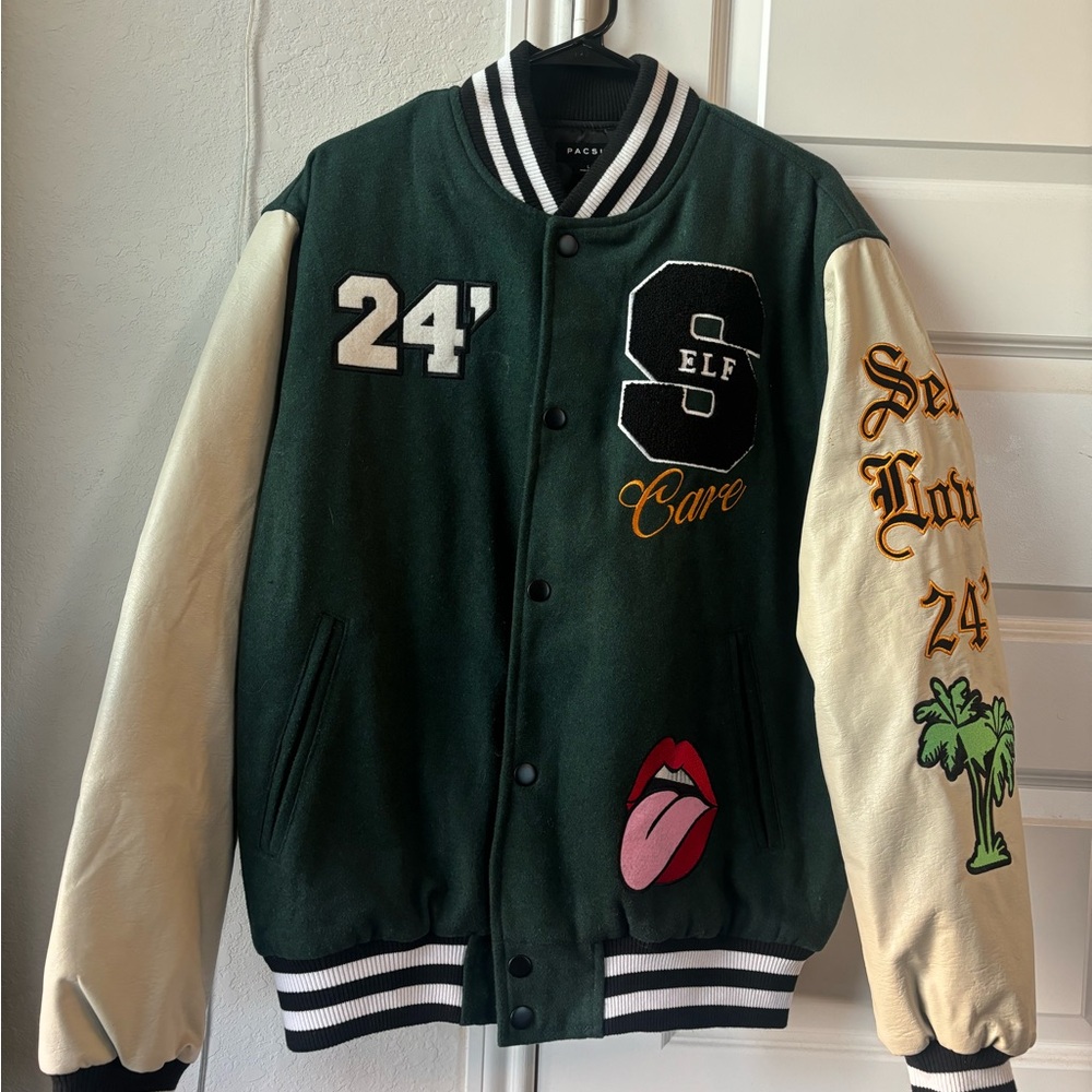 PacSun emerald green and beige with Black and White Striped Collar Jacket